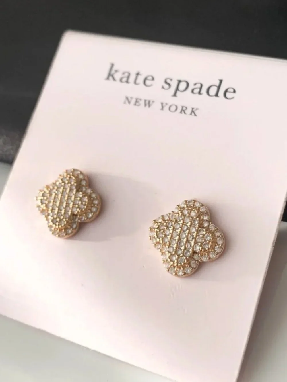 Kate Spade Crystal Clover Stud Earrings Gold Tone Pave Four Leaf Clover Earrings